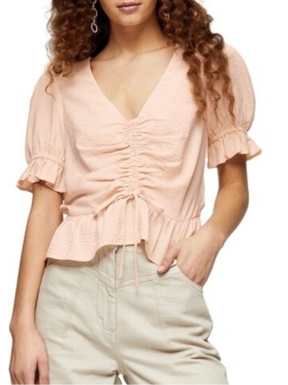 Topshop UK6 Peach Ruched V-Neck Peplum Blouse
